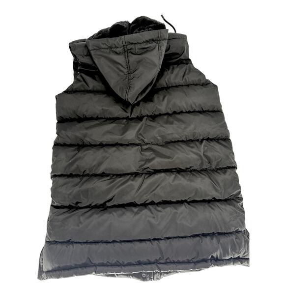 Black Longline Puffer Hooded Small Women Padded Sleeveless Vest Jacket Zip Snap - Picture 2 of 7